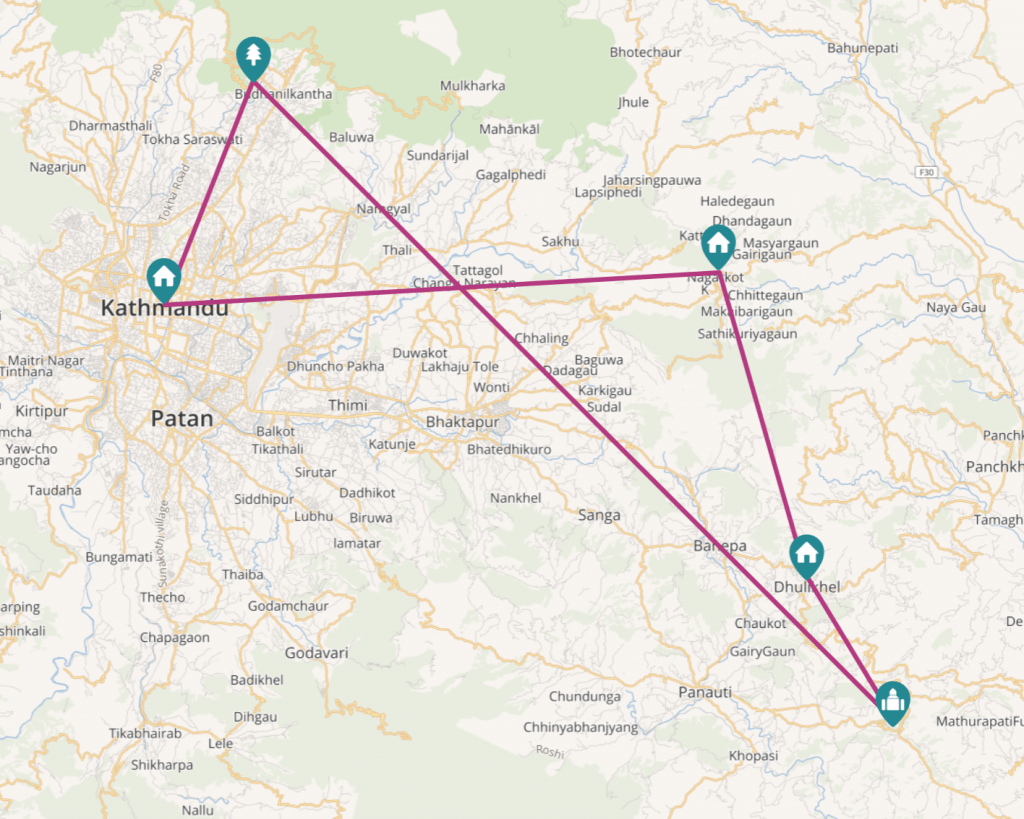 Nepal Honeymoon Package Map from Kathmandu to Nagarkot to Dhulikhel to Namo Buddha to Shivapuri National Park to Kathmandu